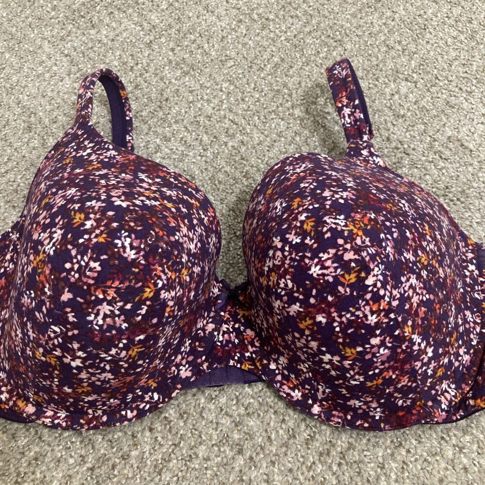 Cacique Women Bra 46DD Purple Floral Lightly Lined T Shirt Underwire Adjustable